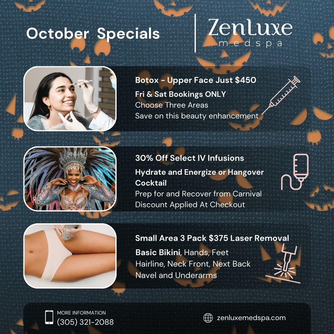 Zen Luxe Med Spa and IV lounge October 2024 special offers Lashes, lip plump, laser hair removal